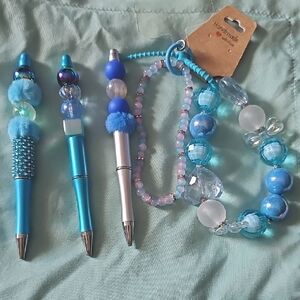 Blue and Silver Beaded Kids Pen and Bracelet Set